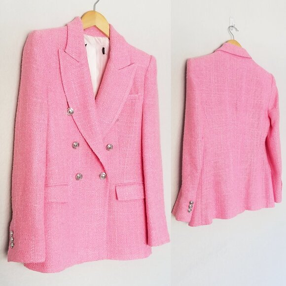 Zara Pink Tweed Textured Double Breasted Blazer Jacket Size S 7553/687 Barbie - Picture 5 of 16